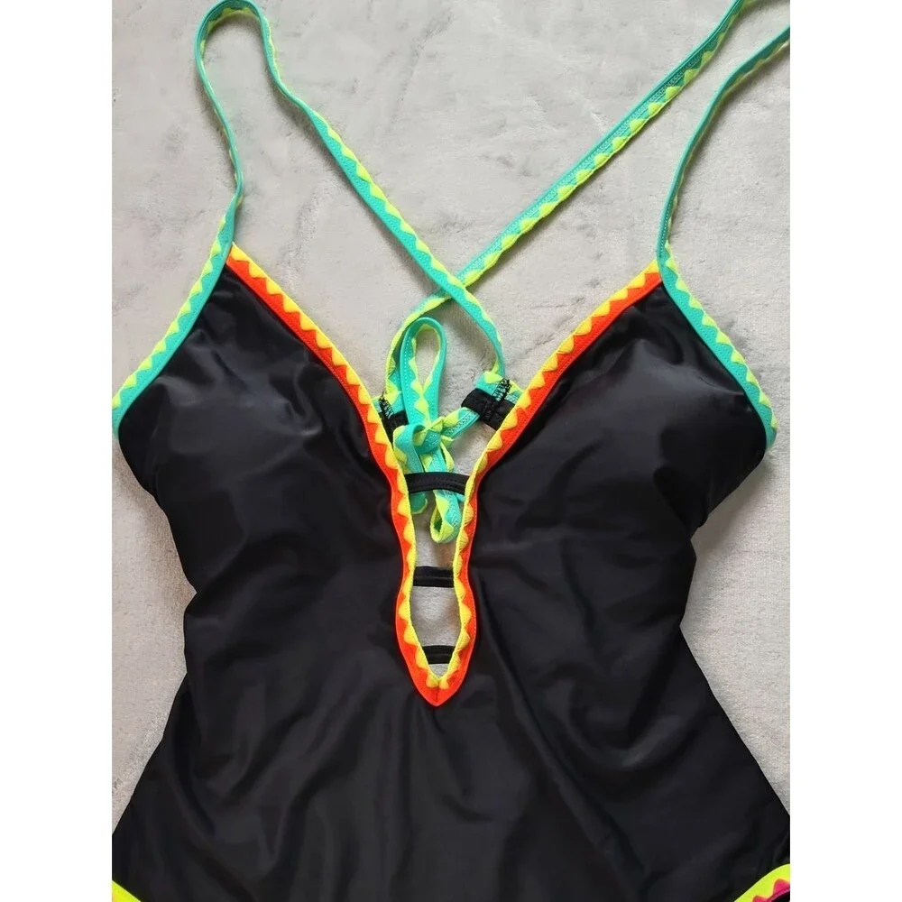 Popvil Black One Piece Tie Back Swimsuit with Multicolored Neon Trim Size XL New